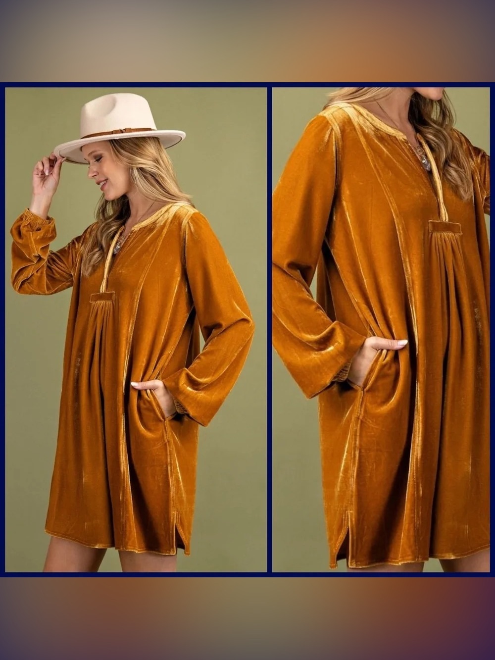 Boutique women’s Gold/ Rust Velvet V-Neck Long Sleeve Shift Dress Medium